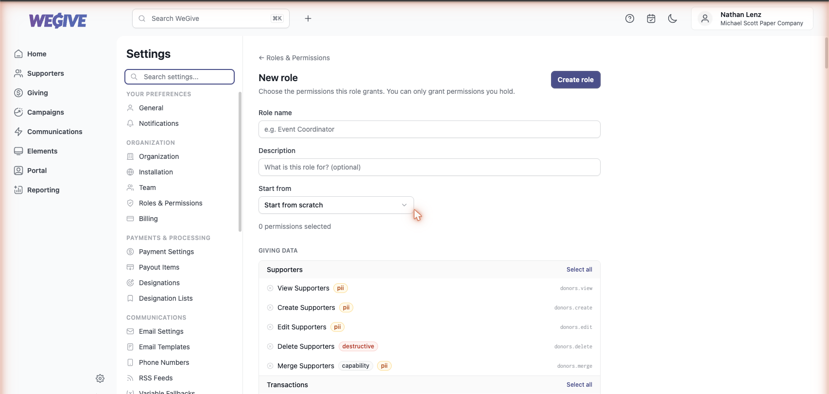 The New role builder: name, description, a "Start from" option, and the permission picker grouped by feature with Select all and sensitivity labels.