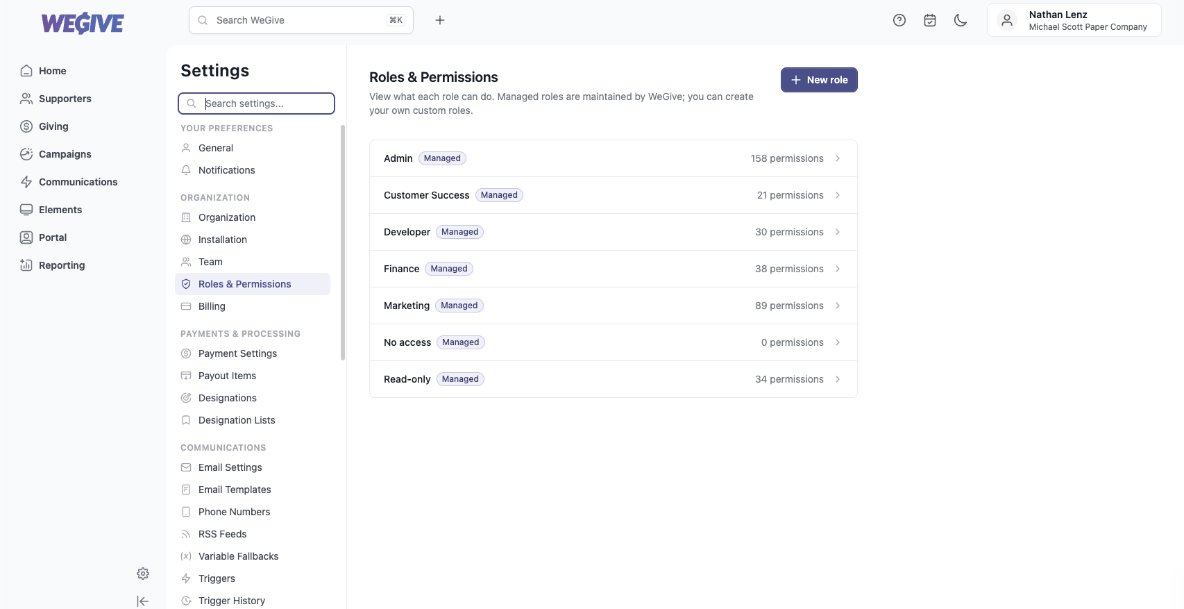 The Roles & Permissions viewer listing the six managed roles plus the No access state, each with its permission count.