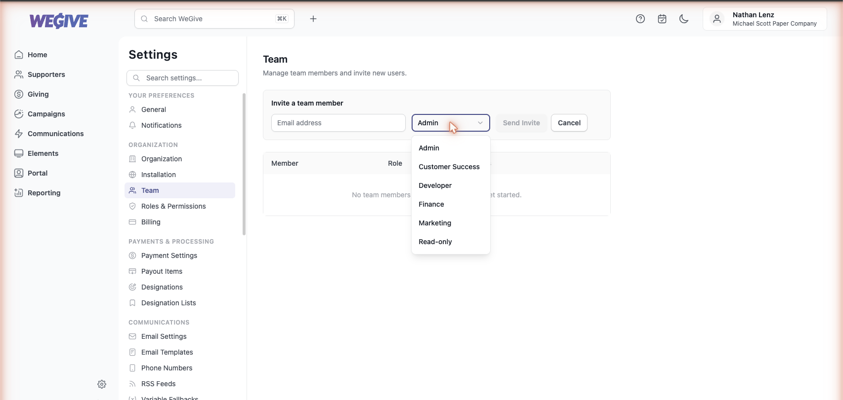 The Invite a team member form with the role dropdown open, showing Admin, Customer Success, Developer, Finance, Marketing, and Read-only.